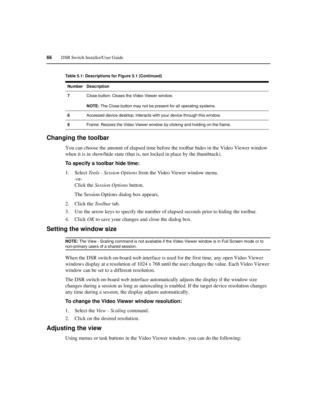 Avocent 590-686-501D Changing the toolbar, Setting the window size, Adjusting the view, To specify a toolbar hide time 