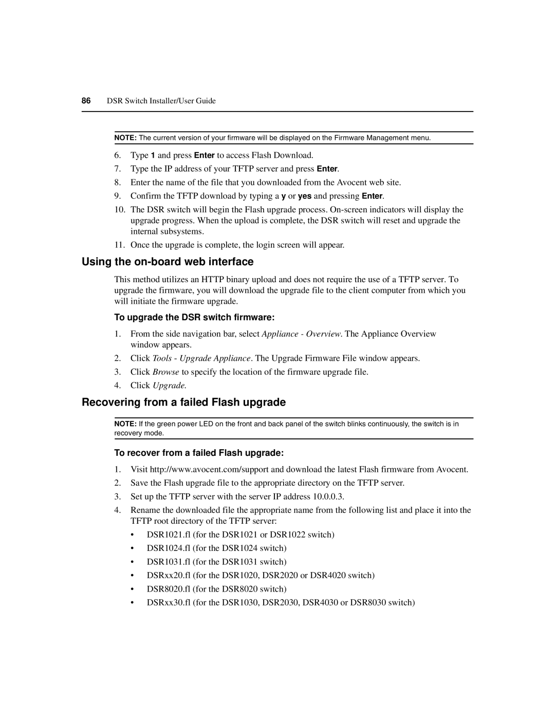 Avocent 590-686-501D manual Using the on-board web interface, Recovering from a failed Flash upgrade 