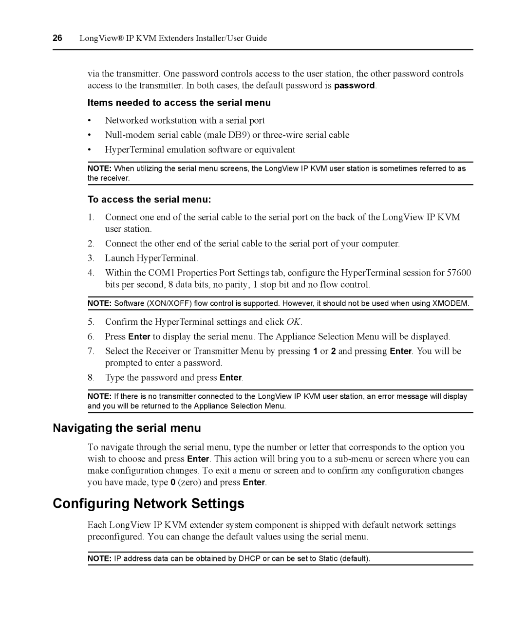 Avocent 590-836-501D Configuring Network Settings, Navigating the serial menu, Items needed to access the serial menu 