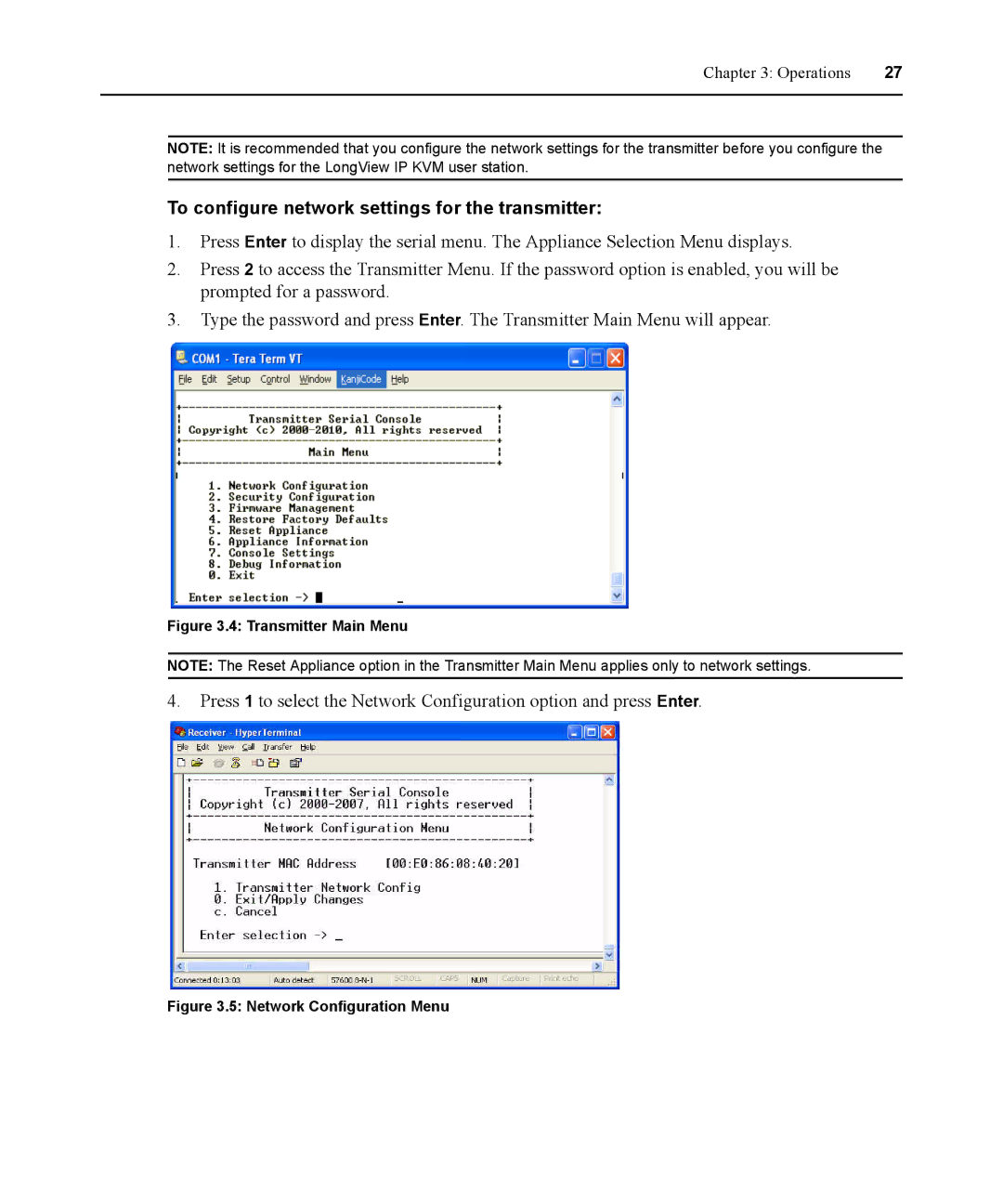 Avocent 590-836-501D manual To configure network settings for the transmitter, Transmitter Main Menu 