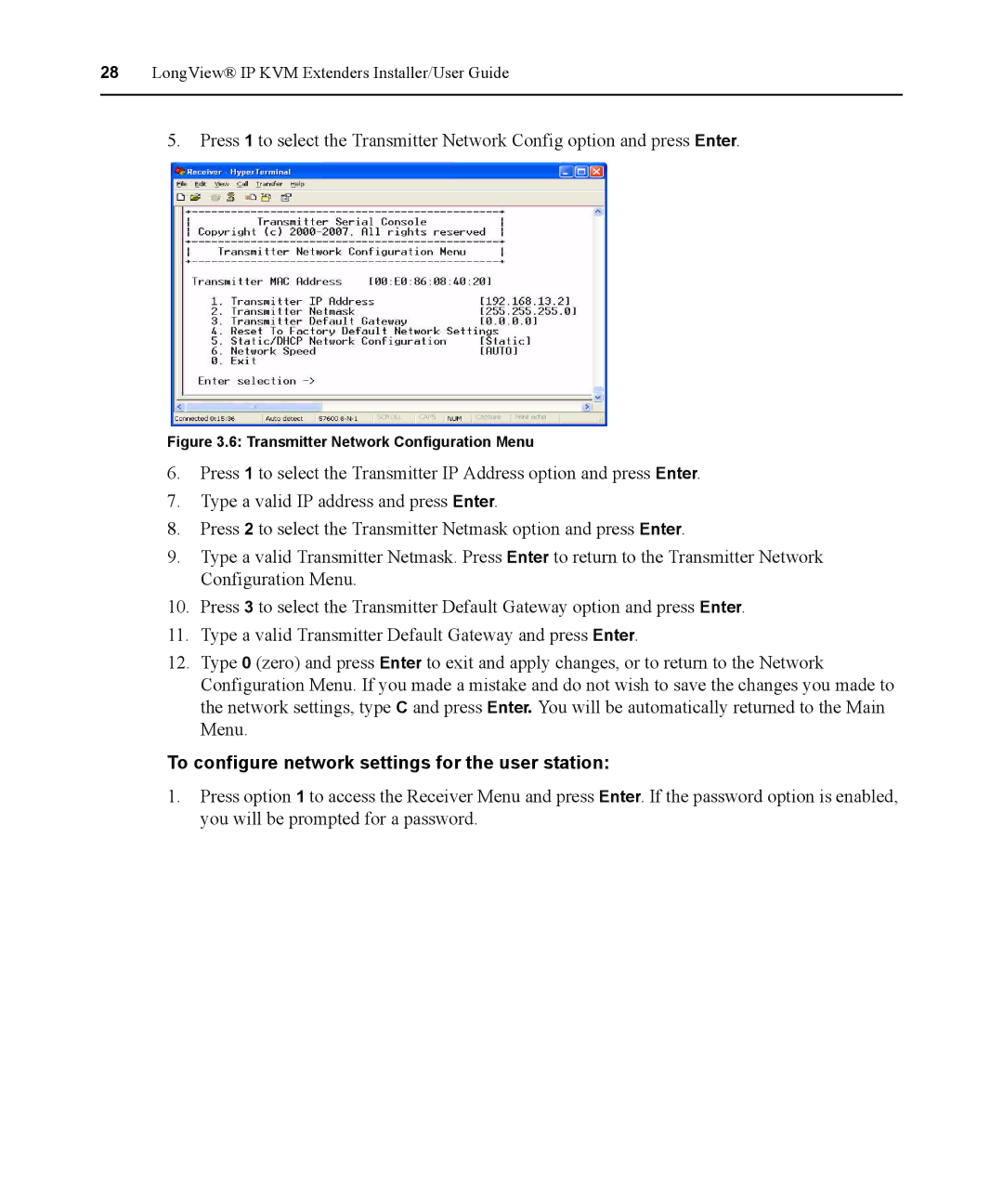 Avocent 590-836-501D manual To configure network settings for the user station, Transmitter Network Configuration Menu 