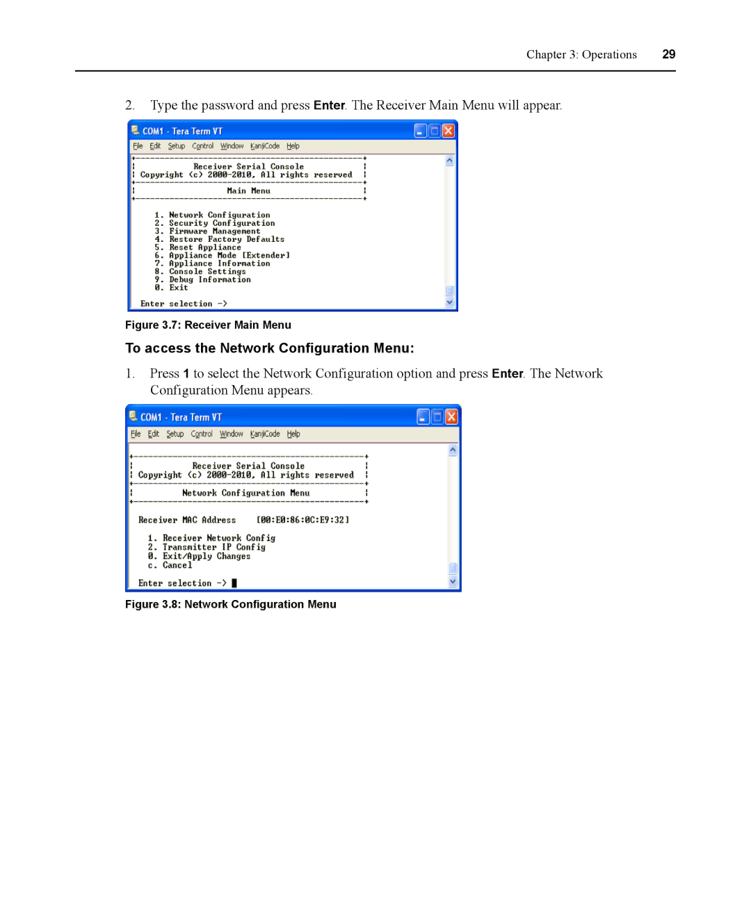 Avocent 590-836-501D manual To access the Network Configuration Menu, Receiver Main Menu 