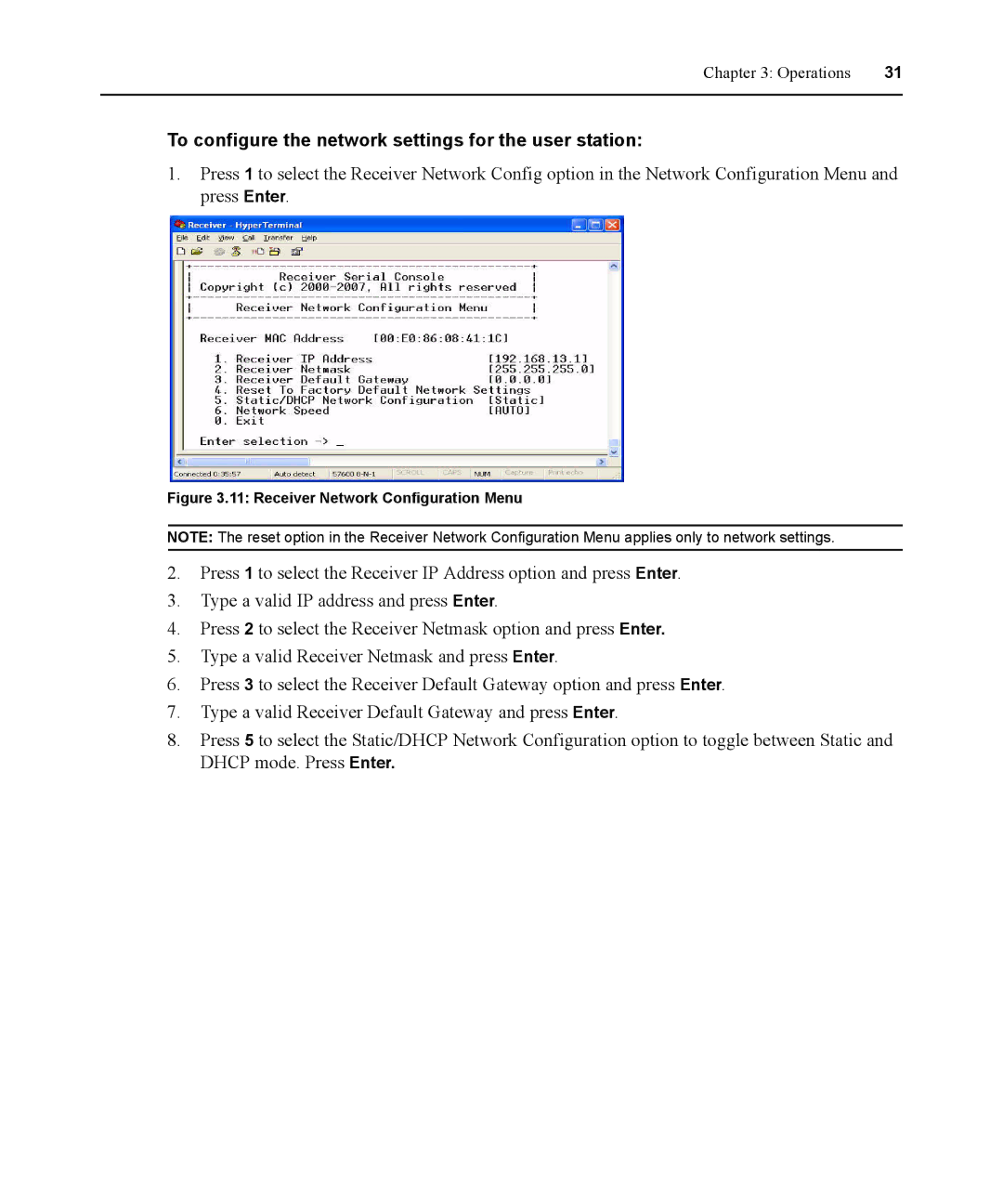 Avocent 590-836-501D manual To configure the network settings for the user station, Receiver Network Configuration Menu 