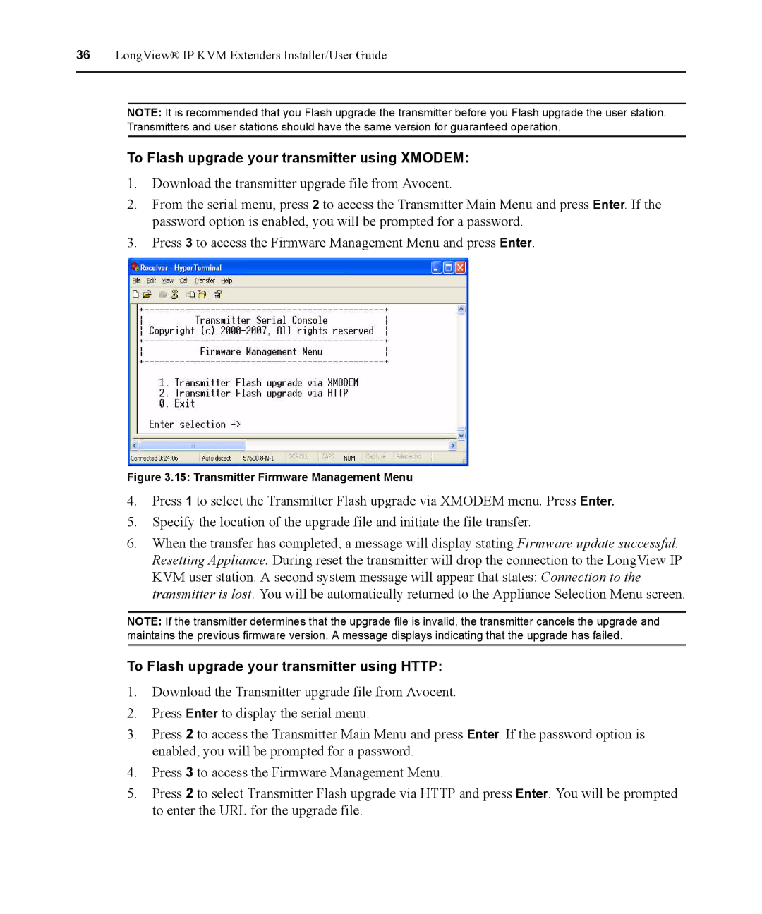 Avocent 590-836-501D manual To Flash upgrade your transmitter using Xmodem, To Flash upgrade your transmitter using Http 