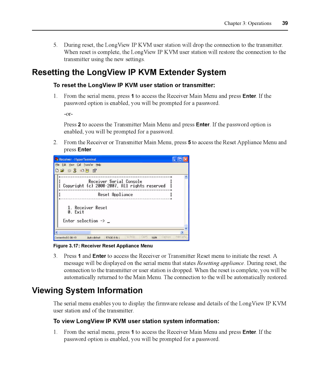 Avocent 590-836-501D manual Resetting the LongView IP KVM Extender System, Viewing System Information 