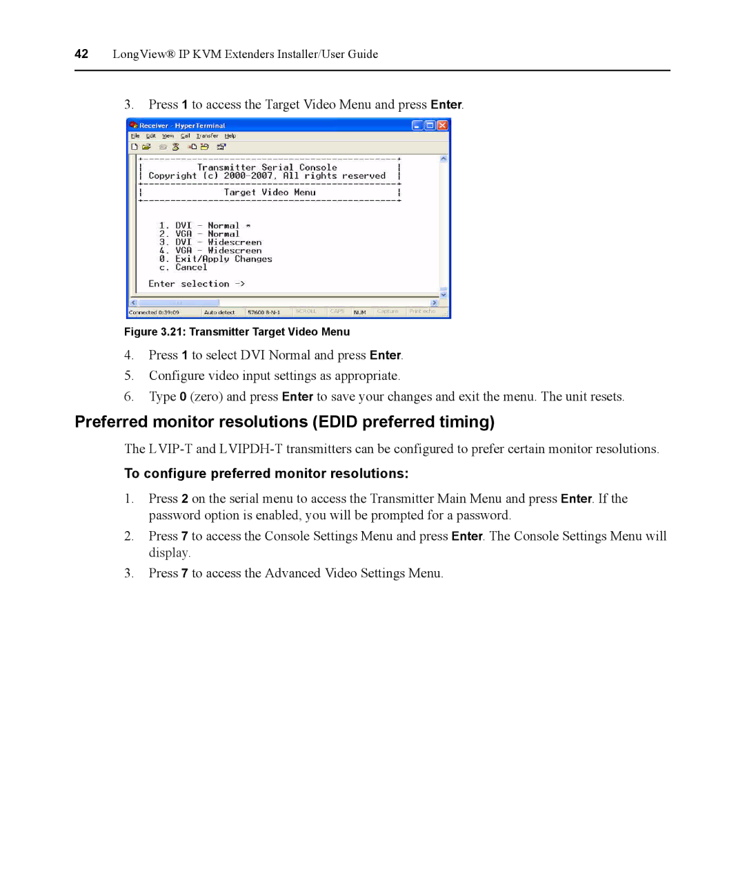 Avocent 590-836-501D manual Preferred monitor resolutions Edid preferred timing, To configure preferred monitor resolutions 