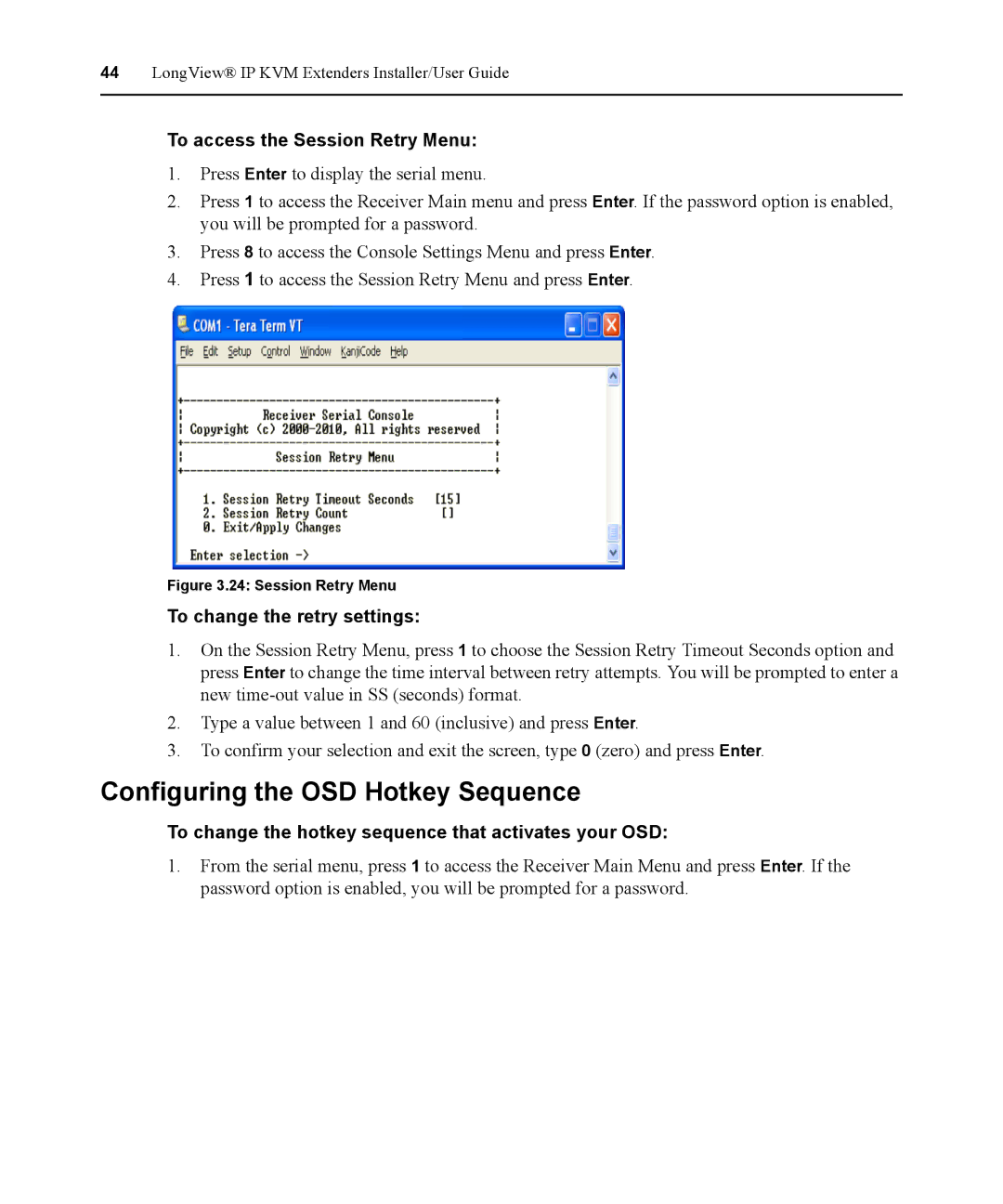 Avocent 590-836-501D Configuring the OSD Hotkey Sequence, To access the Session Retry Menu, To change the retry settings 