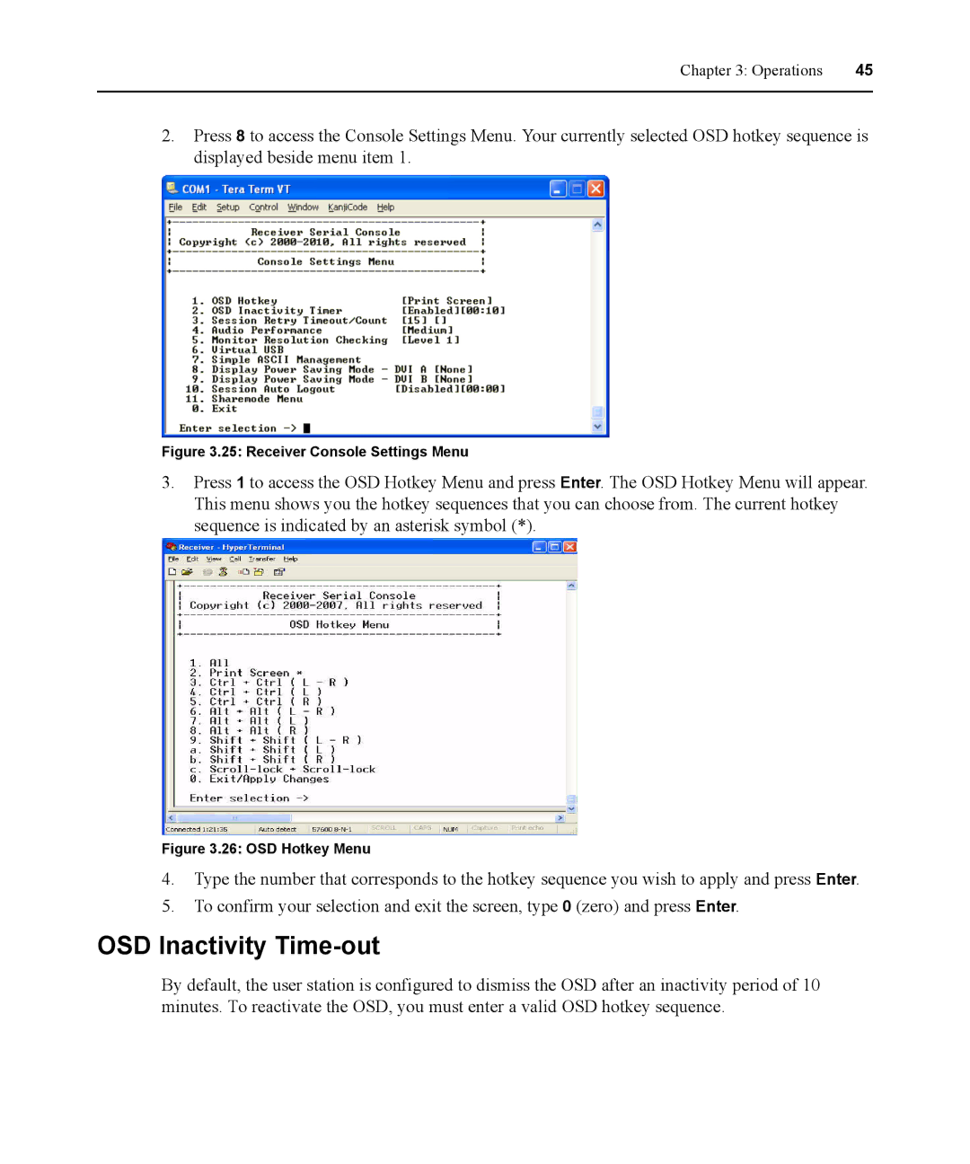 Avocent 590-836-501D manual OSD Inactivity Time-out, Receiver Console Settings Menu 