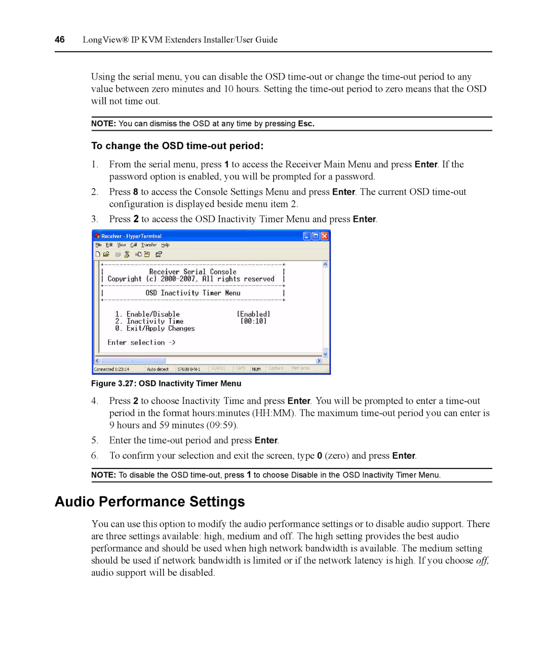 Avocent 590-836-501D manual Audio Performance Settings, To change the OSD time-out period 