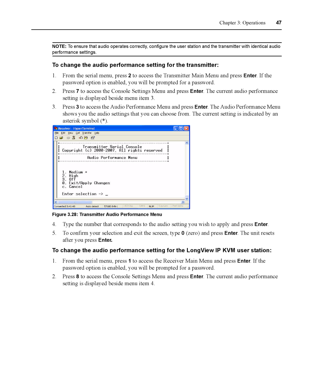 Avocent 590-836-501D manual To change the audio performance setting for the transmitter, Transmitter Audio Performance Menu 