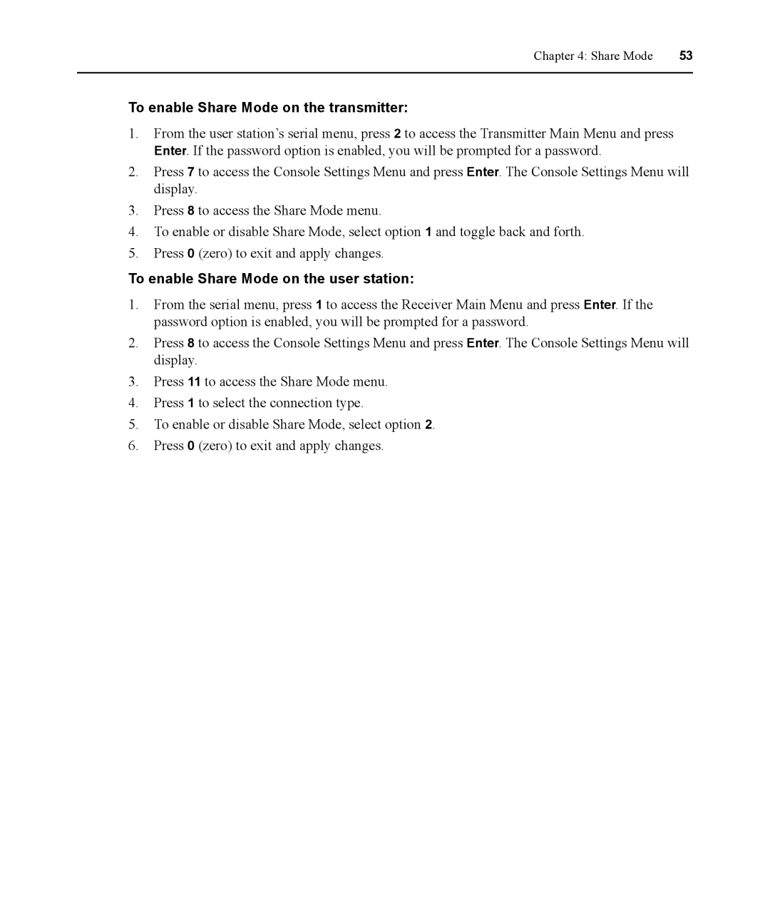 Avocent 590-836-501D manual To enable Share Mode on the transmitter, To enable Share Mode on the user station 