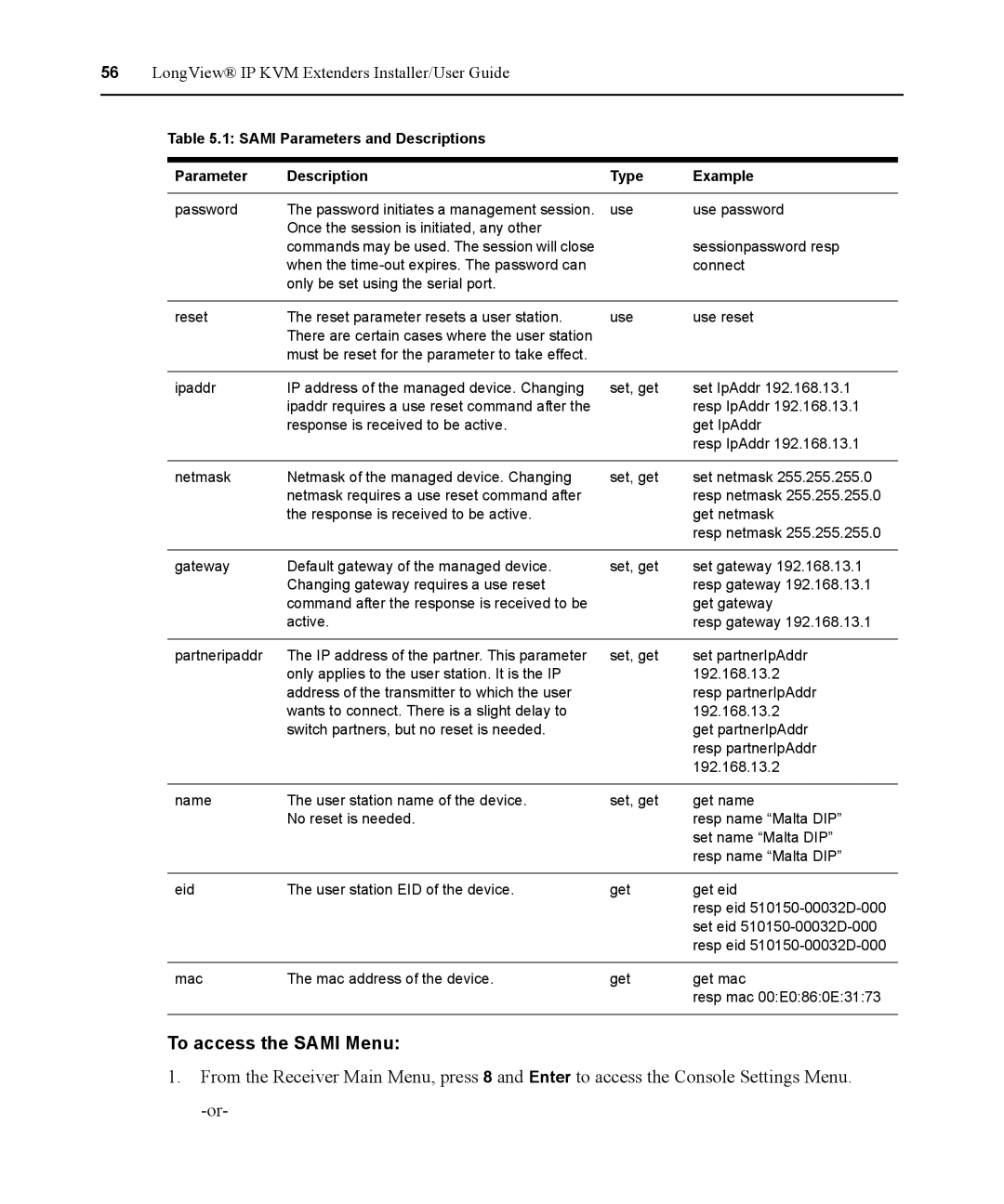 Avocent 590-836-501D manual To access the Sami Menu, Sami Parameters and Descriptions Type Example 