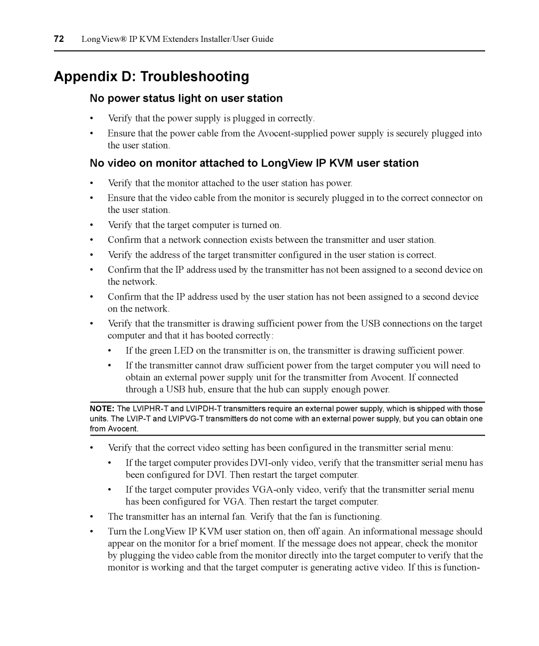 Avocent 590-836-501D manual Appendix D Troubleshooting, No power status light on user station 