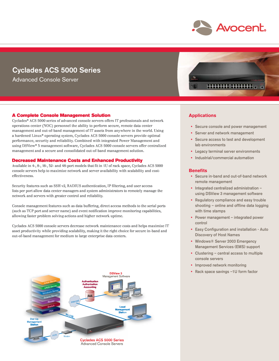 Avocent ACS 5000 SERIES manual A Complete Console Management Solution, Applications, Beneﬁts, Cyclades ACS 5000 Series 