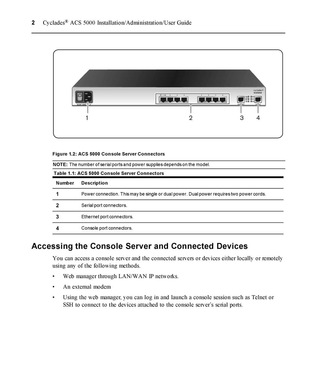 Avocent manual Accessing the Console Server and Connected Devices, ACS 5000 Console Server Connectors Number Description 