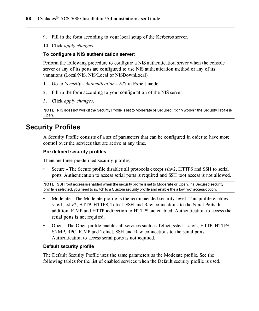 Avocent ACS 5000 manual Security Profiles, To configure a NIS authentication server 