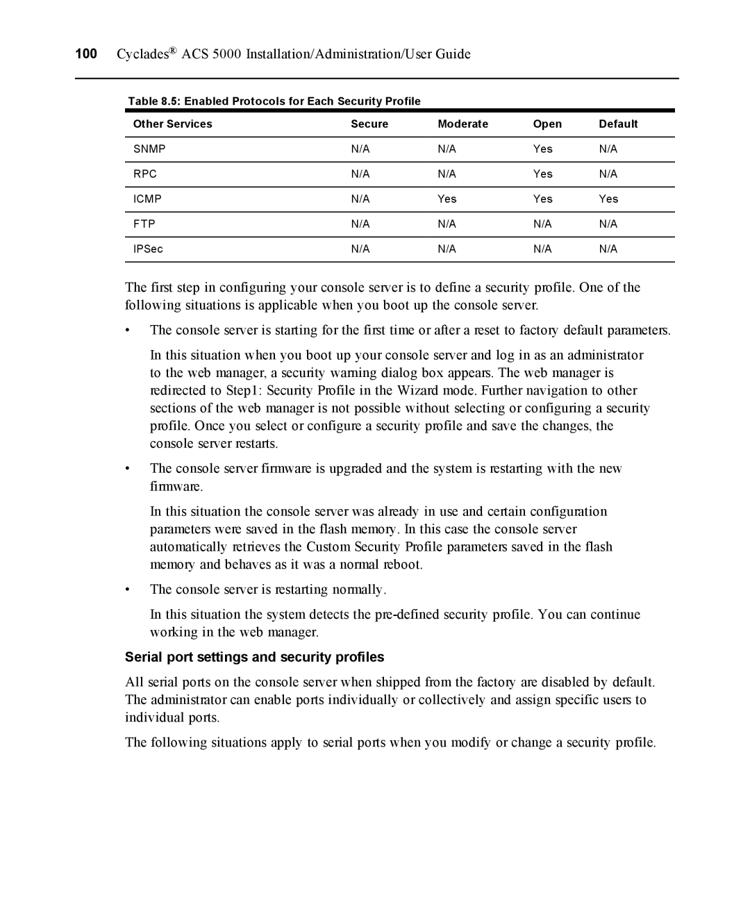 Avocent ACS 5000 manual Serial port settings and security profiles 