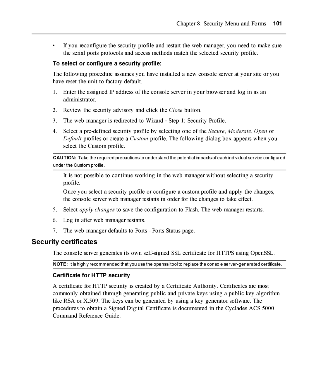 Avocent ACS 5000 manual Security certificates, Certificate for Http security 