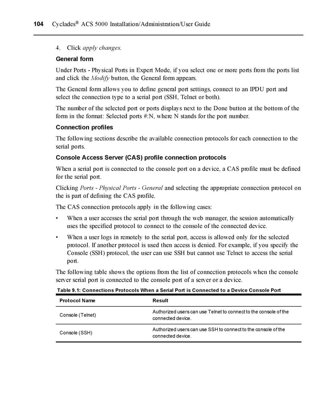 Avocent ACS 5000 manual General form, Connection profiles, Console Access Server CAS profile connection protocols 