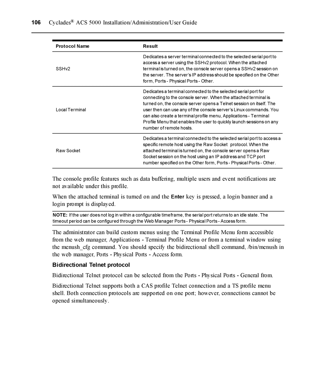 Avocent ACS 5000 manual Bidirectional Telnet protocol 