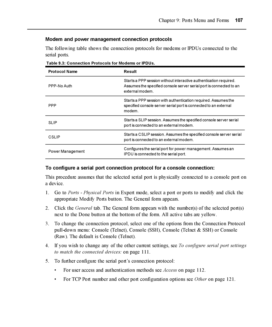 Avocent ACS 5000 Modem and power management connection protocols, Connection Protocols for Modems or IPDUs Protocol Name 