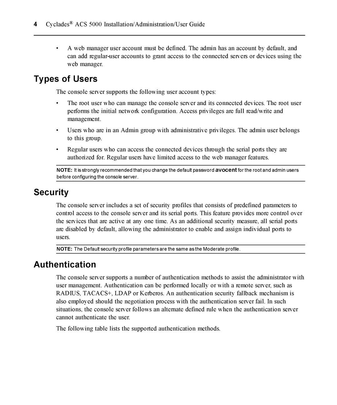 Avocent ACS 5000 manual Types of Users, Security, Authentication 