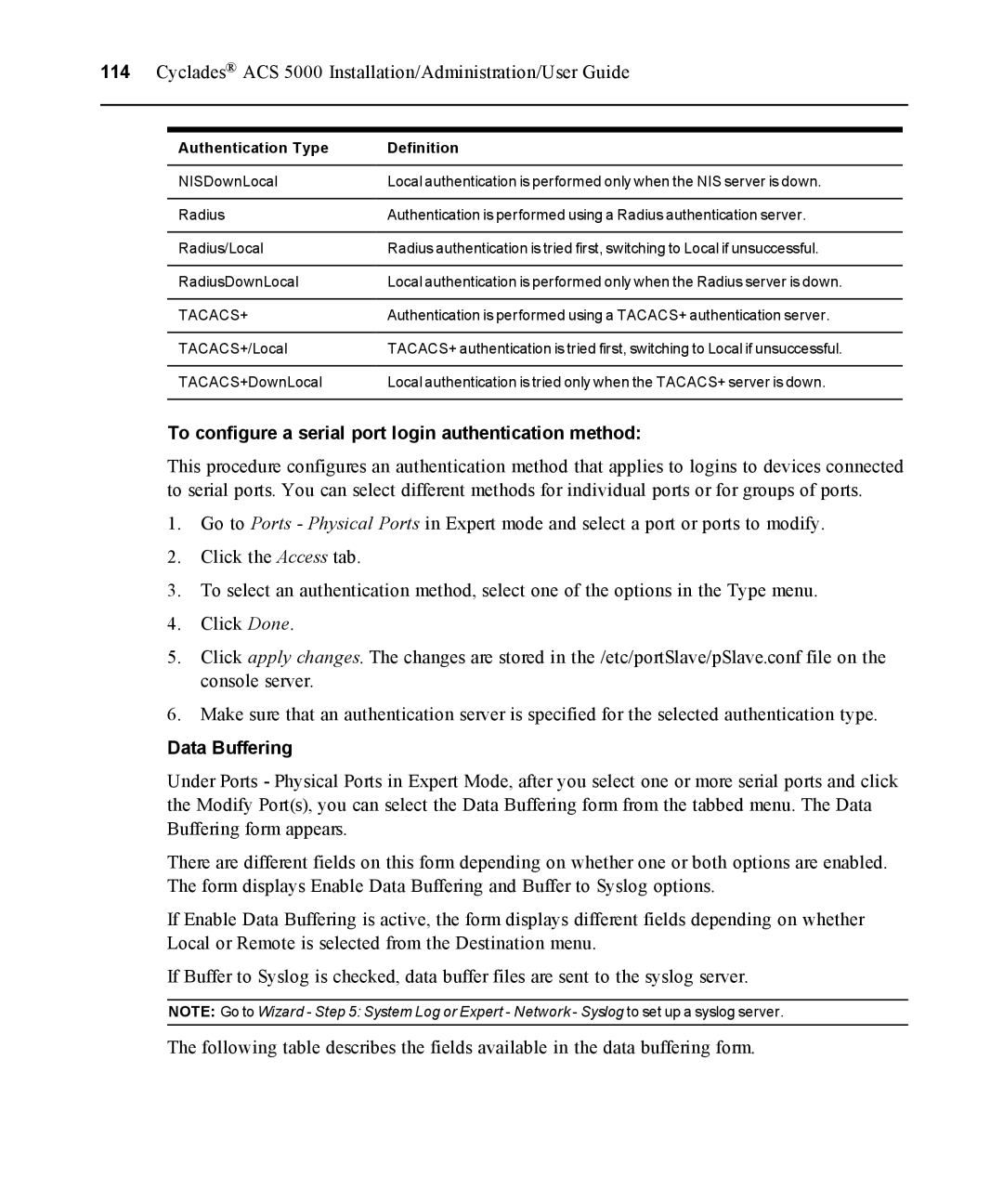 Avocent ACS 5000 manual To configure a serial port login authentication method, Data Buffering 