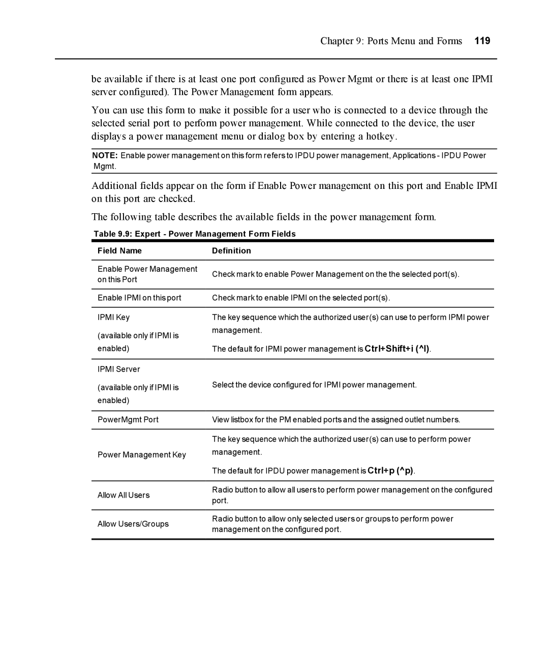 Avocent ACS 5000 manual Expert Power Management Form Fields Field Name 