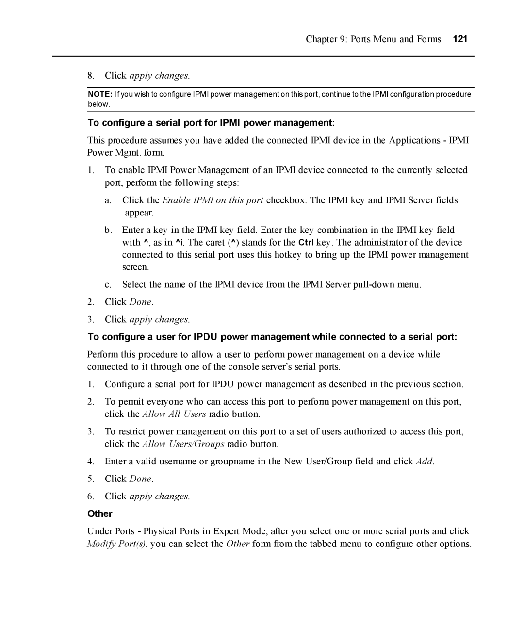 Avocent ACS 5000 manual To configure a serial port for Ipmi power management, Other 