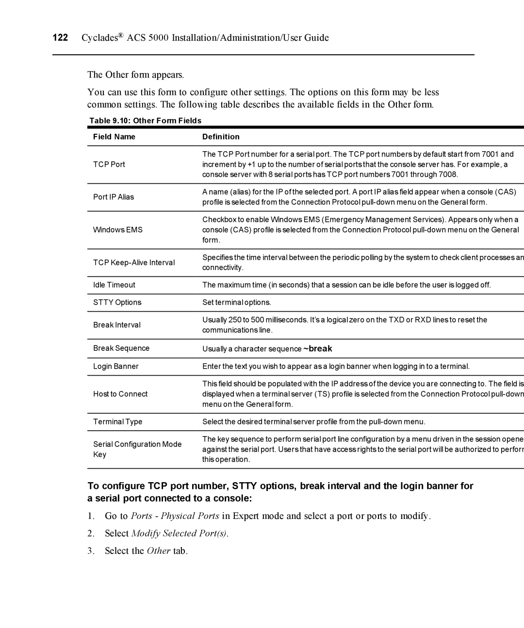 Avocent ACS 5000 manual Other Form Fields Field Name Definition, TCP Port 