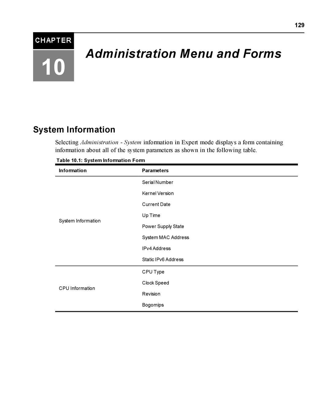 Avocent ACS 5000 manual 129, System Information Form InformationParameters 