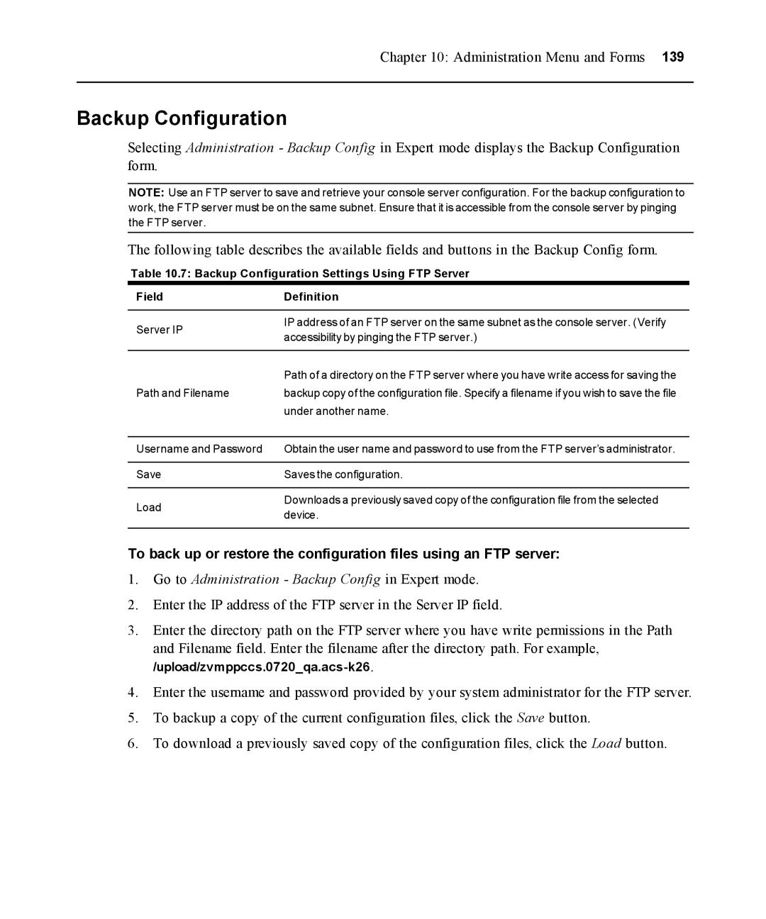 Avocent ACS 5000 manual Backup Configuration, Go to Administration Backup Config in Expert mode 