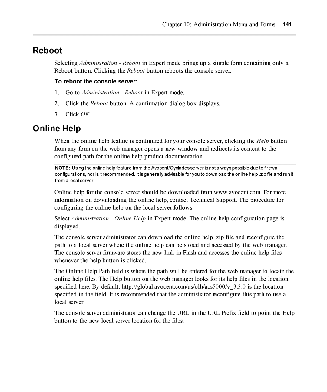 Avocent ACS 5000 manual Reboot, Online Help, To reboot the console server 