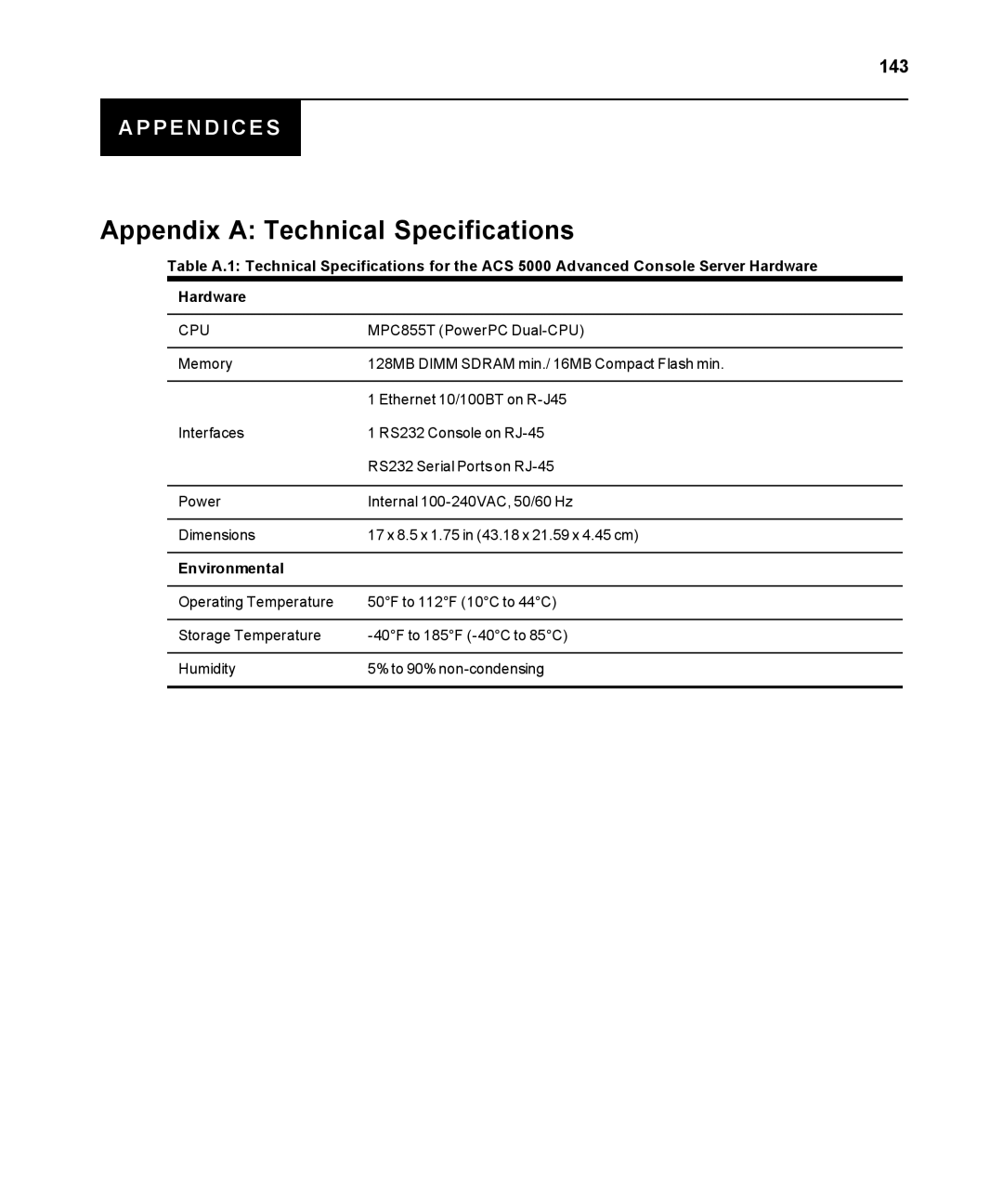 Avocent ACS 5000 manual Appendix a Technical Specifications, 143, Environmental 