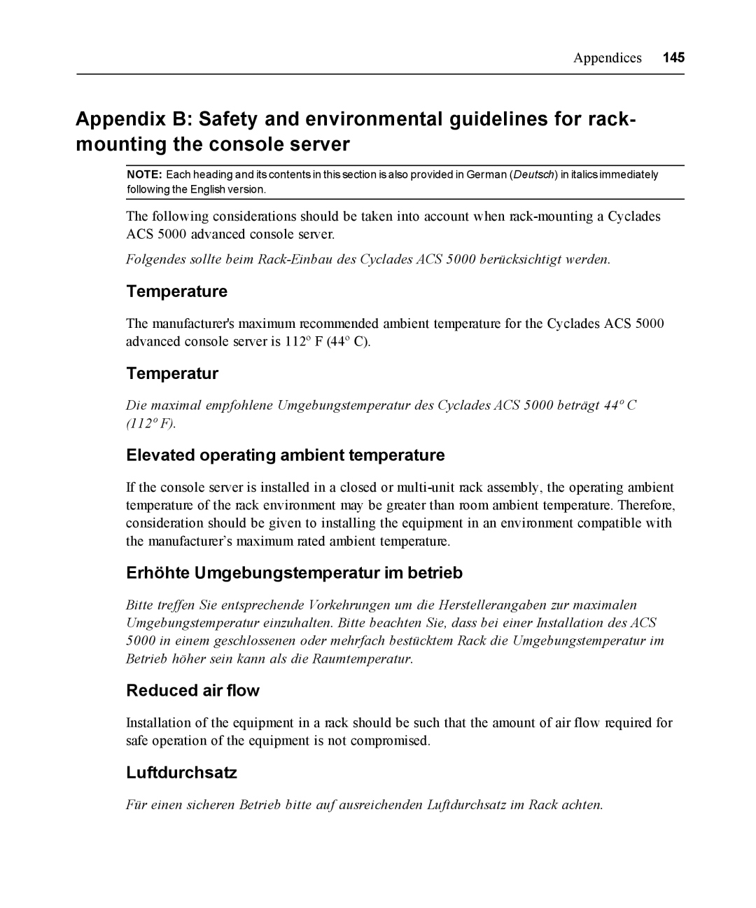 Avocent ACS 5000 manual Temperature, Elevated operating ambient temperature, Erhöhte Umgebungstemperatur im betrieb 