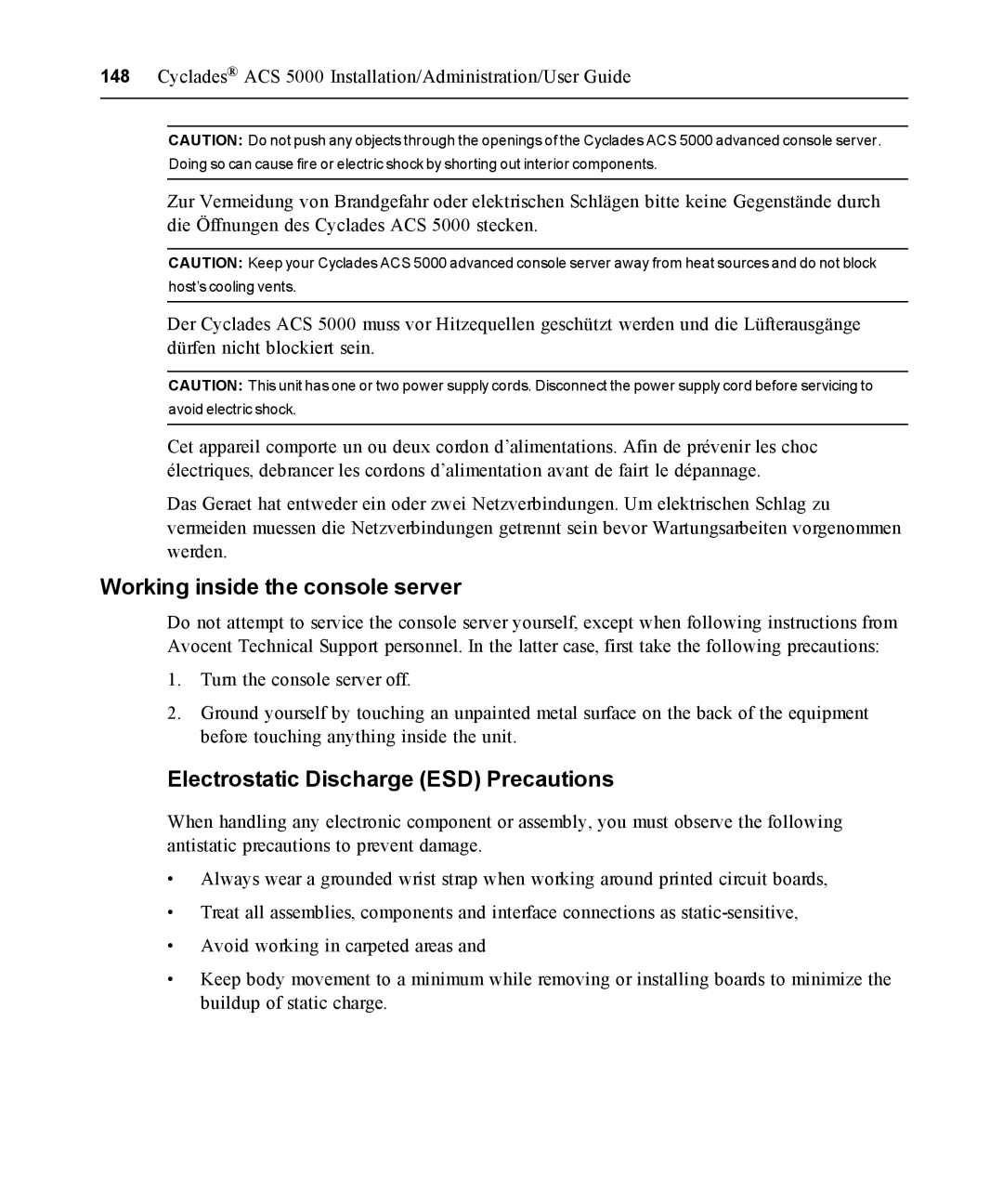 Avocent ACS 5000 manual Working inside the console server, Electrostatic Discharge ESD Precautions 