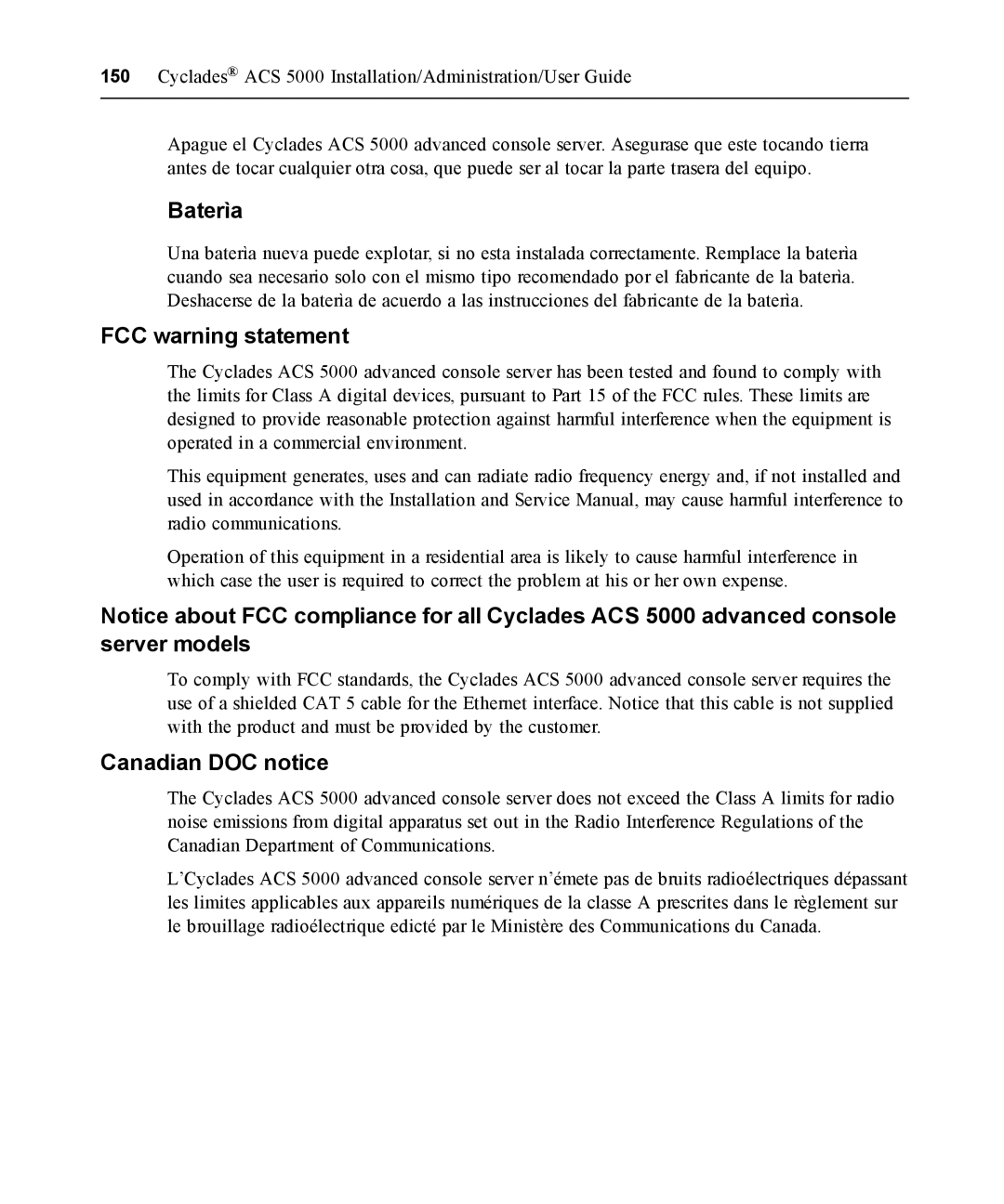 Avocent ACS 5000 manual Baterìa, FCC warning statement, Canadian DOC notice 