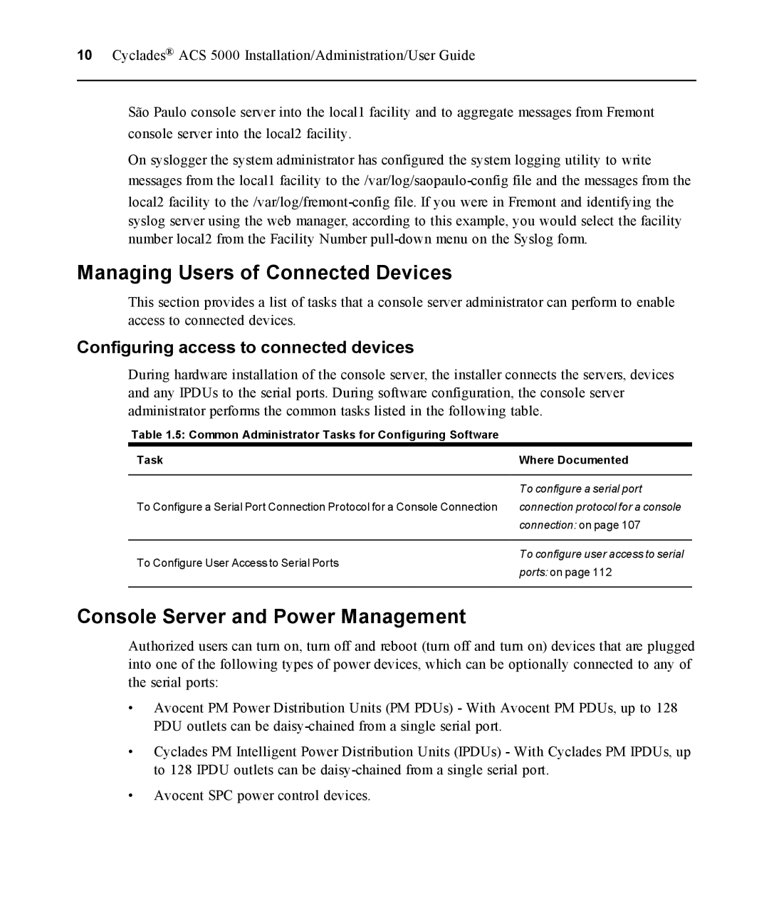 Avocent ACS 5000 manual Managing Users of Connected Devices, Console Server and Power Management 