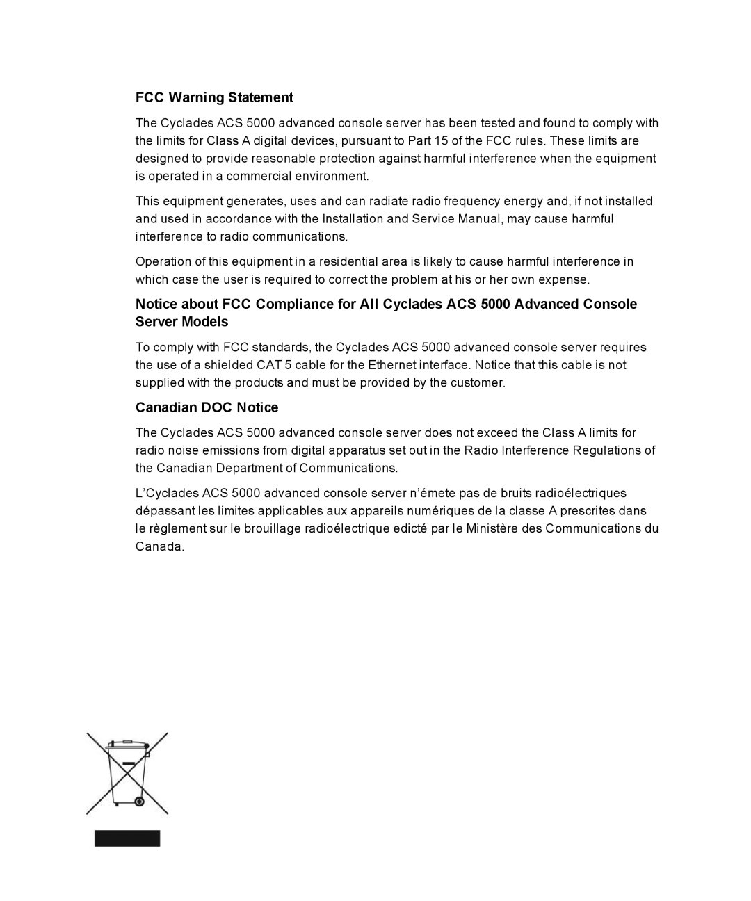 Avocent ACS 5000 manual FCC Warning Statement, Canadian DOC Notice 