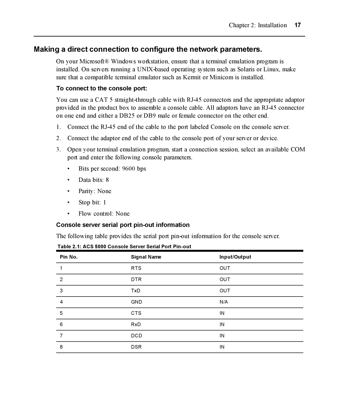 Avocent ACS 5000 manual To connect to the console port, Console server serial port pin-out information 