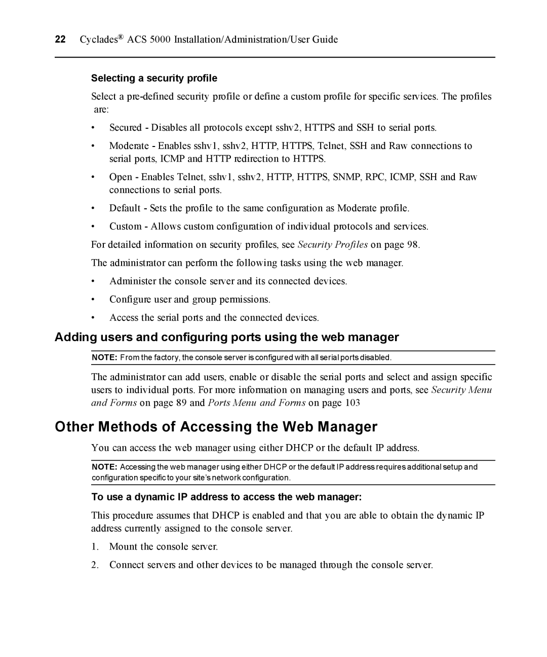 Avocent ACS 5000 Other Methods of Accessing the Web Manager, Adding users and configuring ports using the web manager 