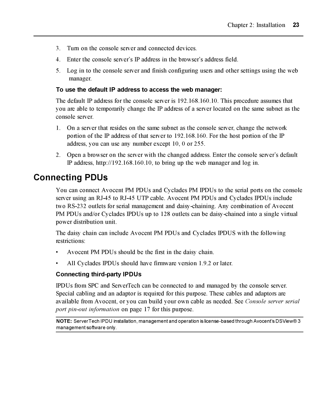 Avocent ACS 5000 Connecting PDUs, To use the default IP address to access the web manager, Connecting third-party IPDUs 