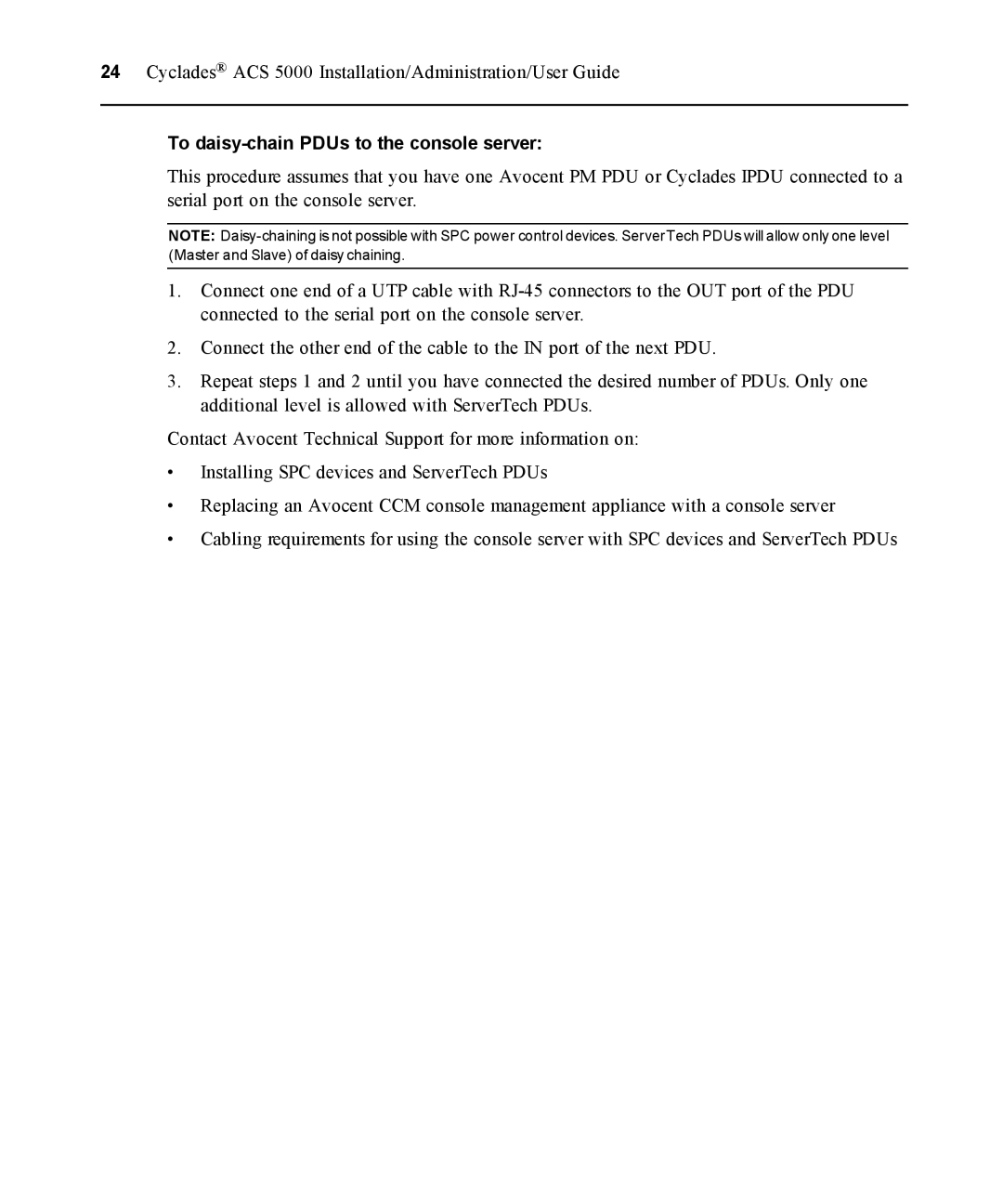 Avocent ACS 5000 manual To daisy-chain PDUs to the console server 