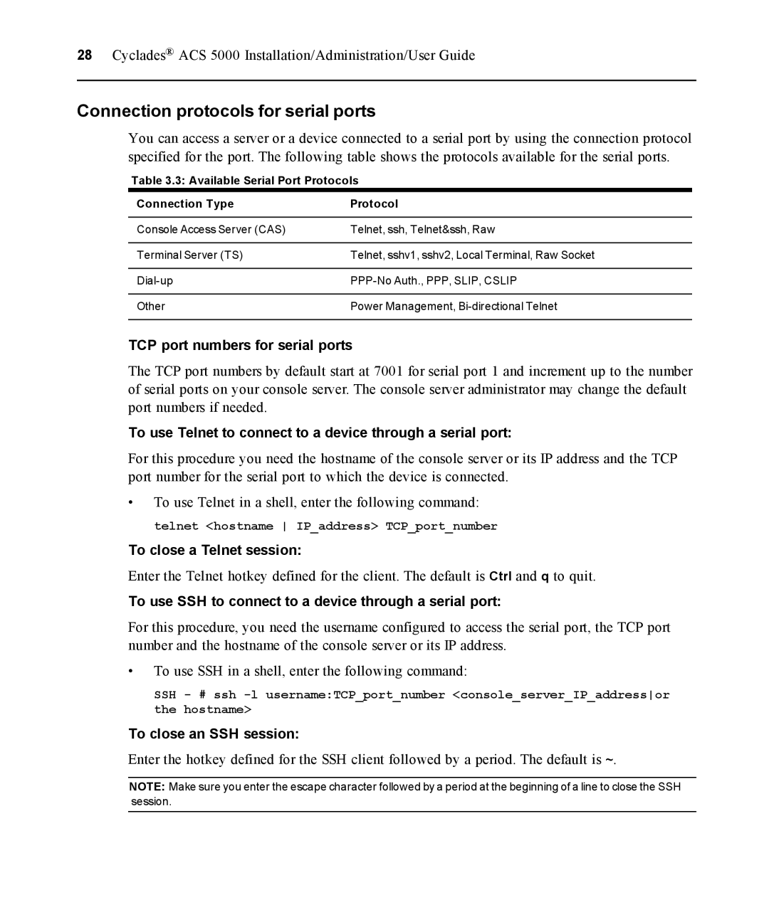 Avocent ACS 5000 manual Connection protocols for serial ports 