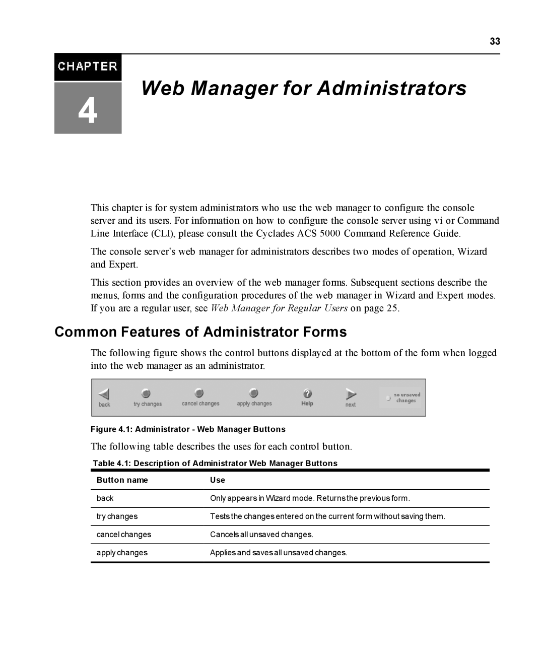 Avocent ACS 5000 manual Common Features of Administrator Forms, Administrator Web Manager Buttons 