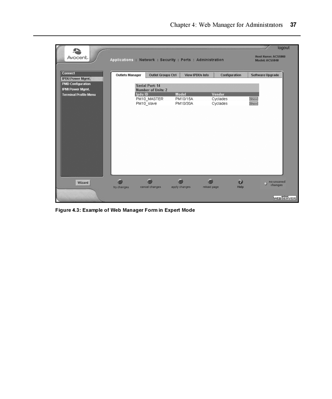 Avocent ACS 5000 manual Example of Web Manager Form in Expert Mode 