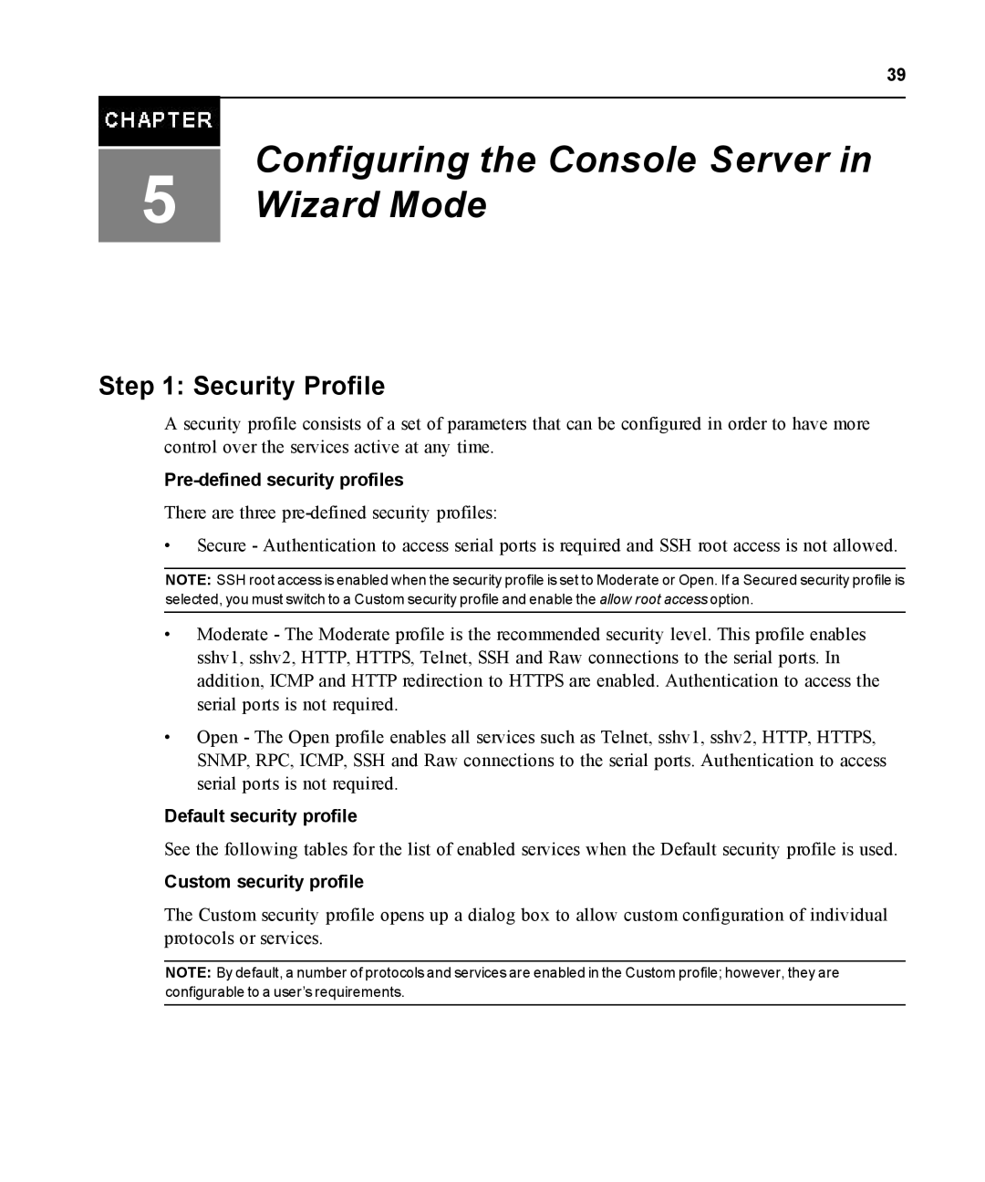 Avocent ACS 5000 manual Security Profile, Pre-defined security profiles, Default security profile, Custom security profile 