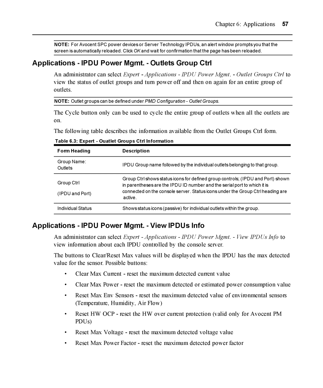 Avocent ACS 5000 manual Applications Ipdu Power Mgmt. Outlets Group Ctrl, Applications Ipdu Power Mgmt. View IPDUs Info 