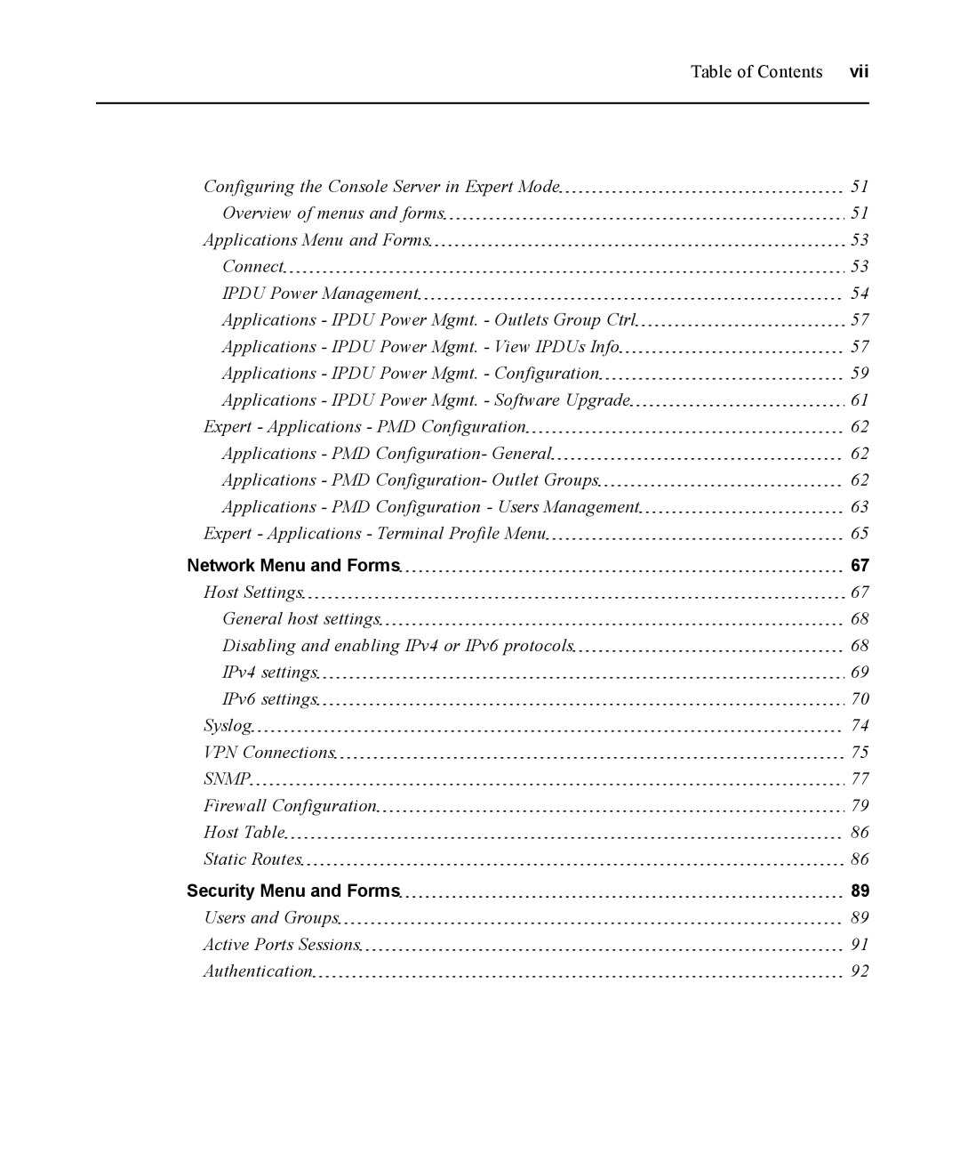 Avocent ACS 5000 manual Vii, Network Menu and Forms 