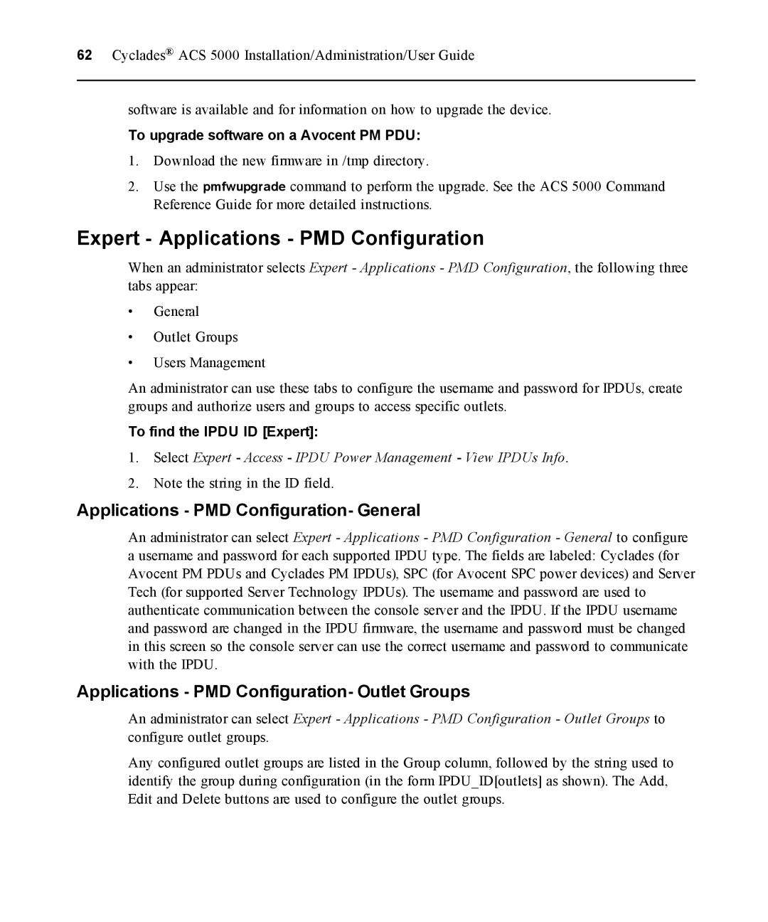 Avocent ACS 5000 manual Expert Applications PMD Configuration, Applications PMD Configuration- General 